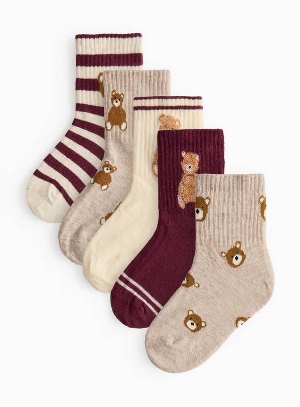 Bear Printed Ankle Socks 5 Pack 6-8.5